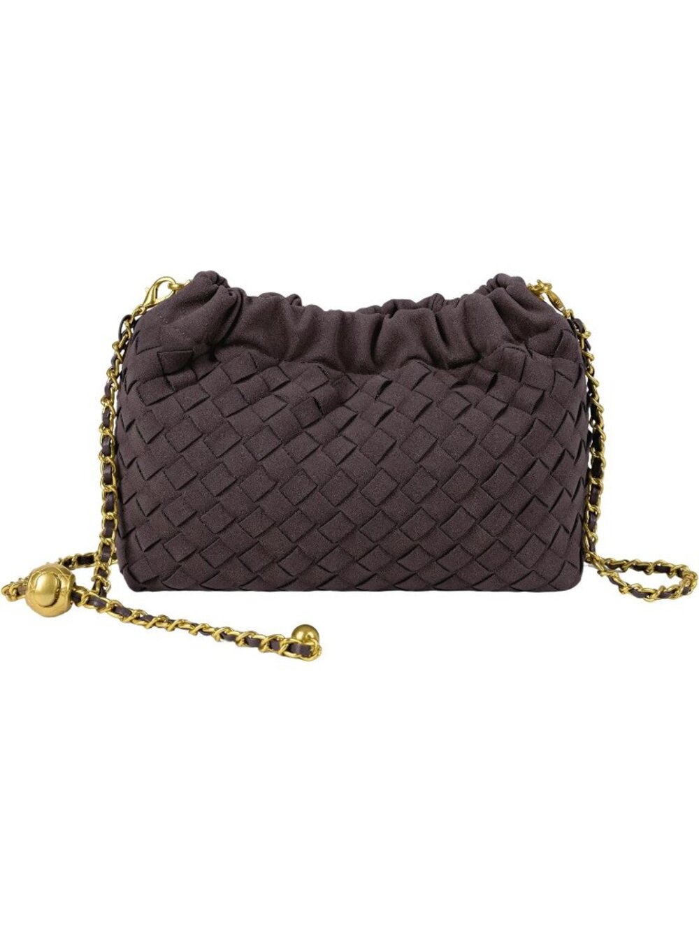 Women Chocolate Gold Woven Dumpling Clutch Purse Trendy Shoulder Crossbody Bag